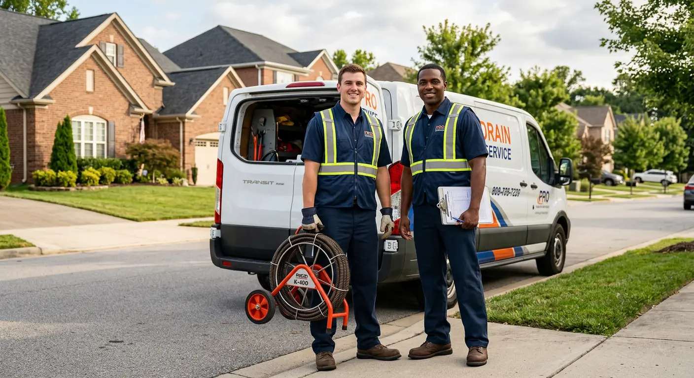 Sewer and drain service team with equipment ready for work in St. Cloud