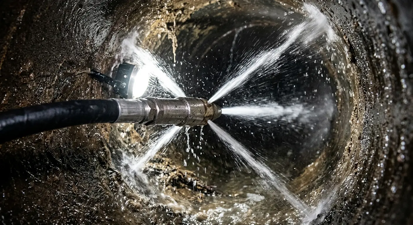 High-pressure hydro jetting nozzle cleaning sewer pipe for Sewer Cleanout in St. Cloud