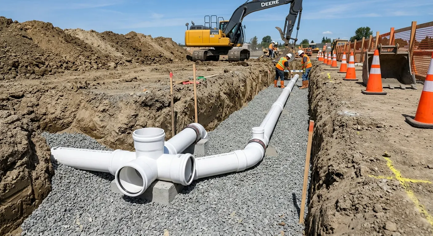 New PVC sewer pipe installation in open trench for Sewer Backup in St. Cloud
