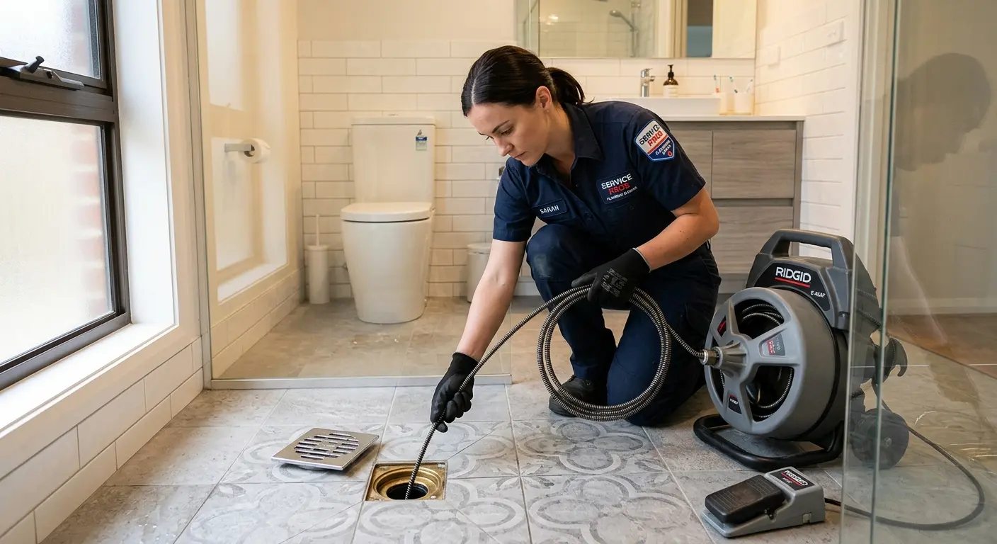 Technician clearing a bathroom floor drain for Clogged Drain Repair in St. Cloud